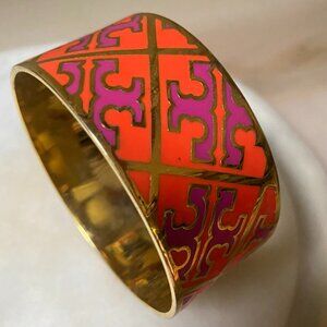 Tory Burch Pink & Orange chunky enamel logo bangle bracelet gold colorful